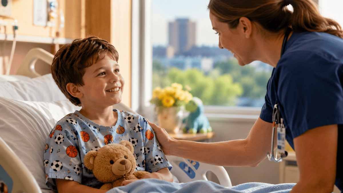 American child receiving compassionate care in a bright Connecticut pediatric hospital room