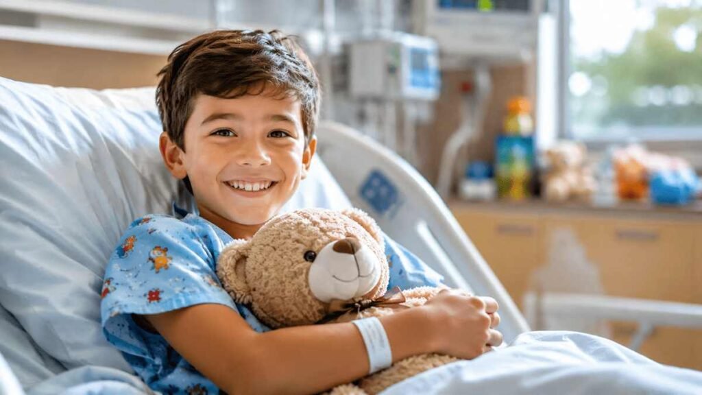 Smiling American child in a pediatric hospital bed holding a teddy bear during a hospital stay in California