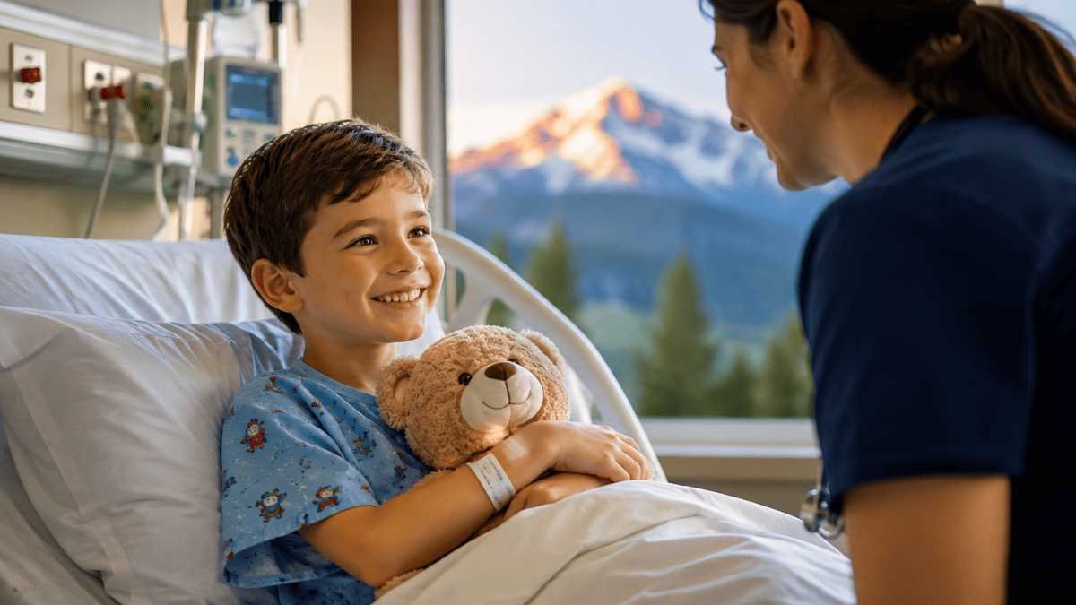 Smiling American child receiving compassionate care from a pediatric nurse in a Colorado hospital room with the Rocky Mountains visible through the window
