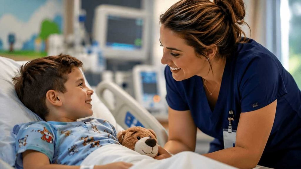 American child receiving compassionate care from a smiling pediatric nurse in a Delaware hospital