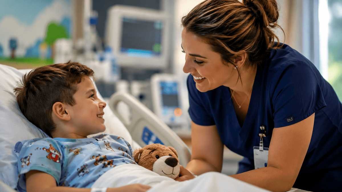 American child receiving compassionate care from a smiling pediatric nurse in a Delaware hospital