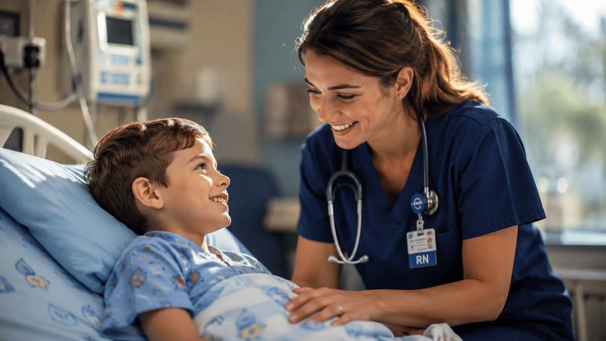 American child receiving compassionate care from a smiling nurse in an Illinois hospital