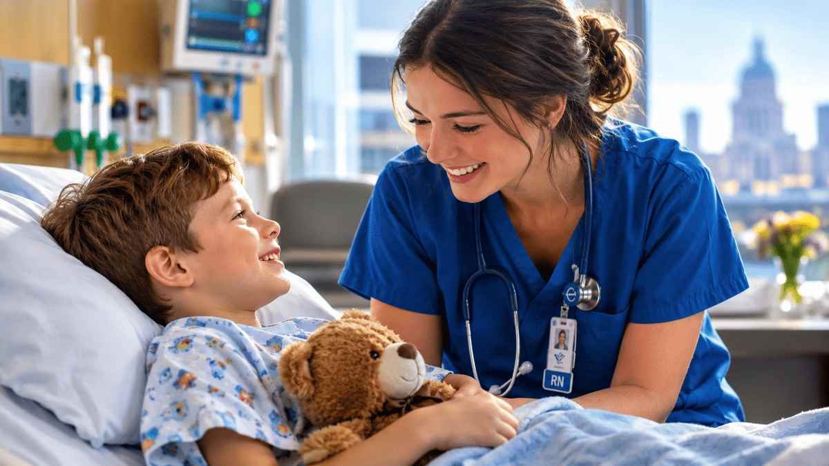 American child receiving compassionate care from a smiling pediatric nurse in an Indiana hospital