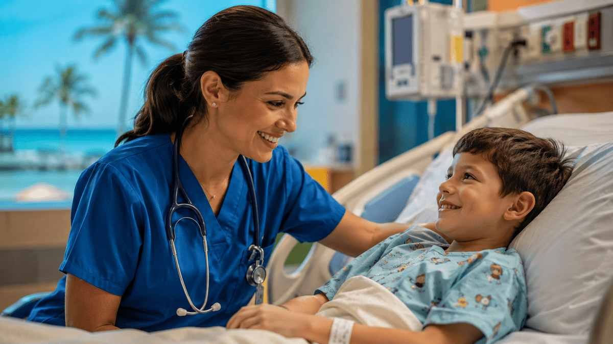 American child receiving compassionate care from a smiling pediatric nurse in a bright Florida hospital room