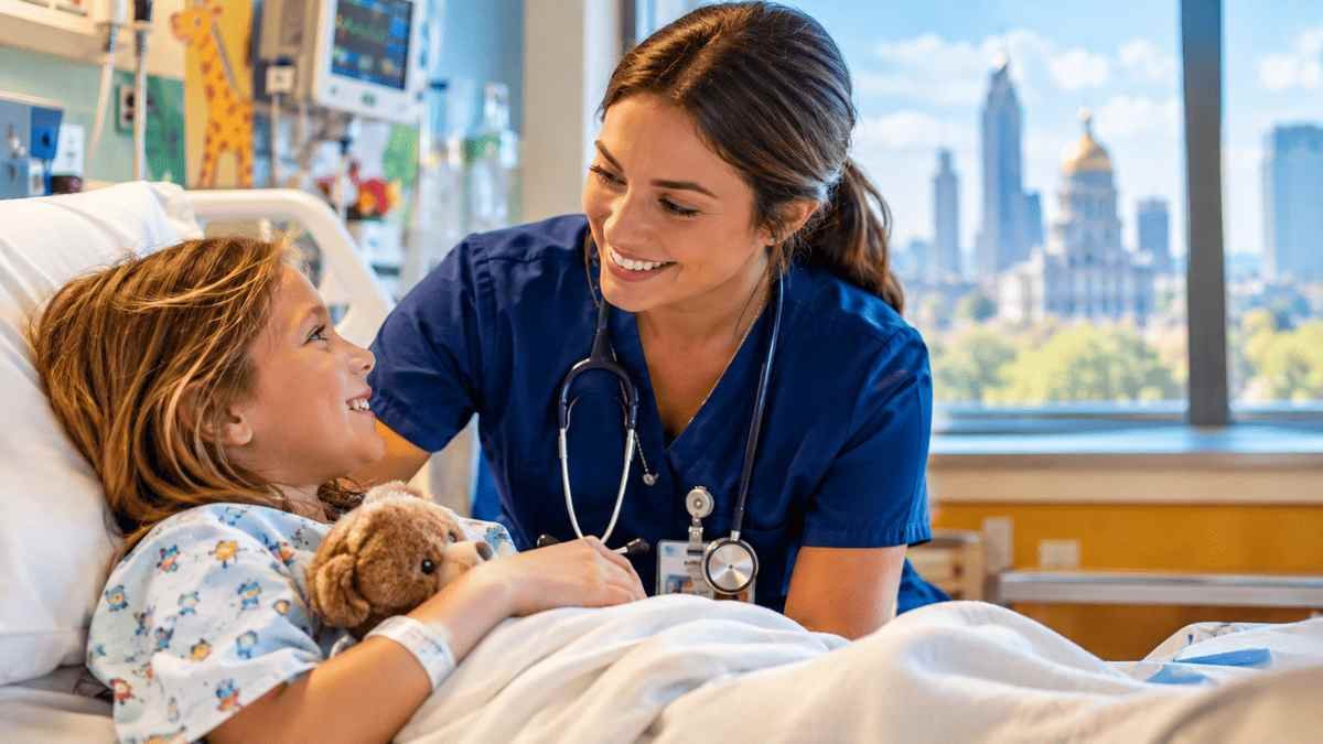 American child receiving compassionate care from a smiling nurse in a Georgia pediatric hospital.