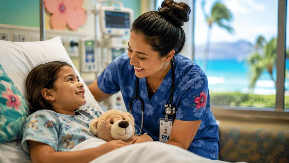 American child receiving compassionate pediatric care from a smiling nurse in a bright Hawaii hospital room.