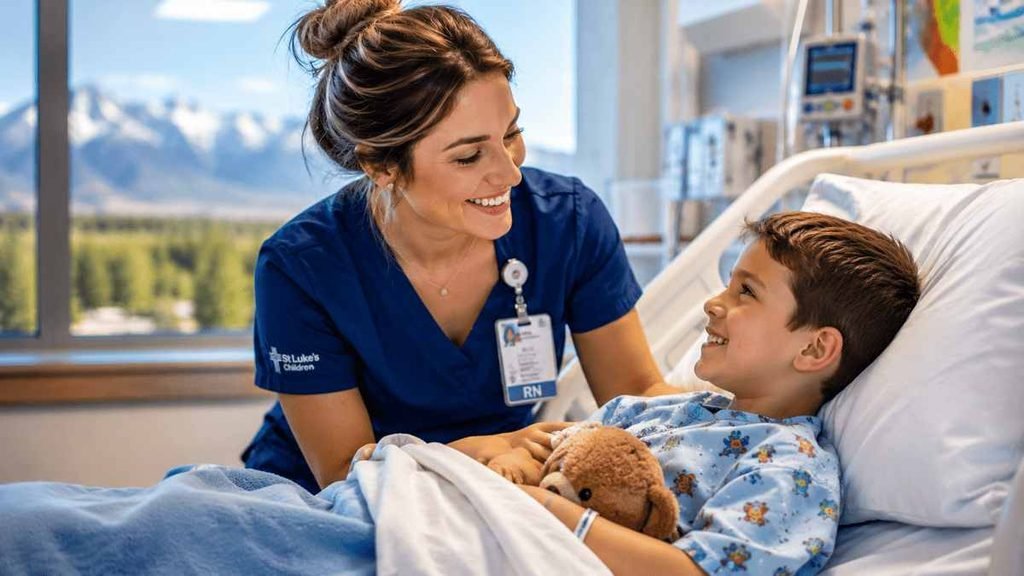 American child receiving compassionate pediatric care from a smiling nurse in a bright Idaho hospital room